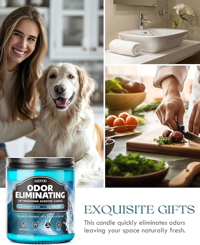 AOOVOO Ocean 2 Pack Odor Eliminating Highly Fragranced Candle - Eliminates 95% of Pet, Smoke, Food and Other Smells Quickly, Air Freshing Soy Candle, 18 oz Up to 100 Hours Burn time