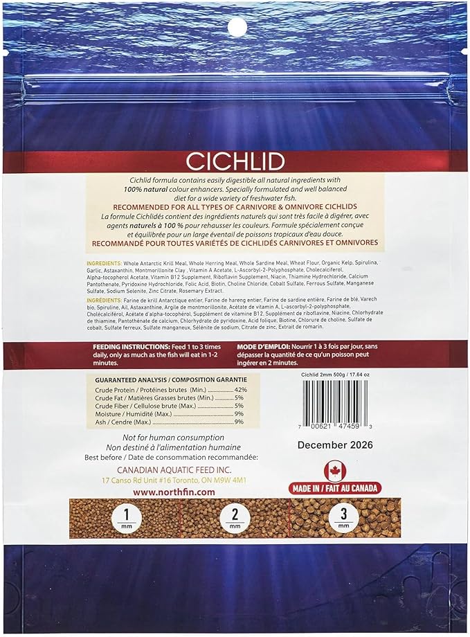 Northfin Cichlid Formula Fish Food – Slow Sinking Pellets for Cichlids (1mm, 500g) | Premium High-Protein, All-Natural Cichlid Diet to Enhance Color & Growth – No Fillers, No Hormones, Made in Canada