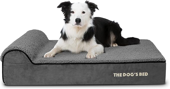 The Dog’s Bed Orthopedic Headrest Dog Bed Large Grey Plush 40x25, Memory Foam, Pain Relief for Arthritis, Hip & Elbow Dysplasia, Post Surgery, Lameness, Veterinary Approved, Waterproof Washable Cover