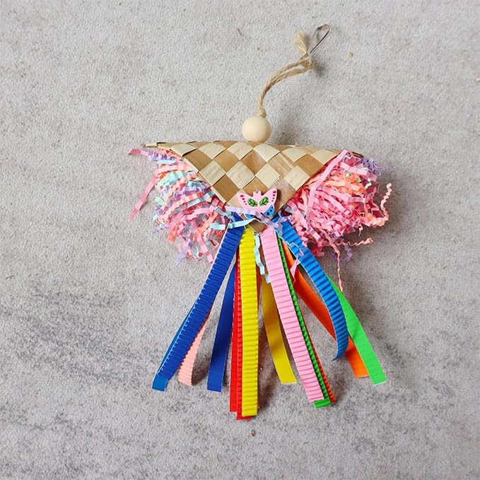 Natural Bamboo & Pith Ball Shredder Chew Toy for Parrots - Bird Cage Destroyer String, Foraging & Biting Activity for Conures, Cockatiels, Lovebirds, Budgies