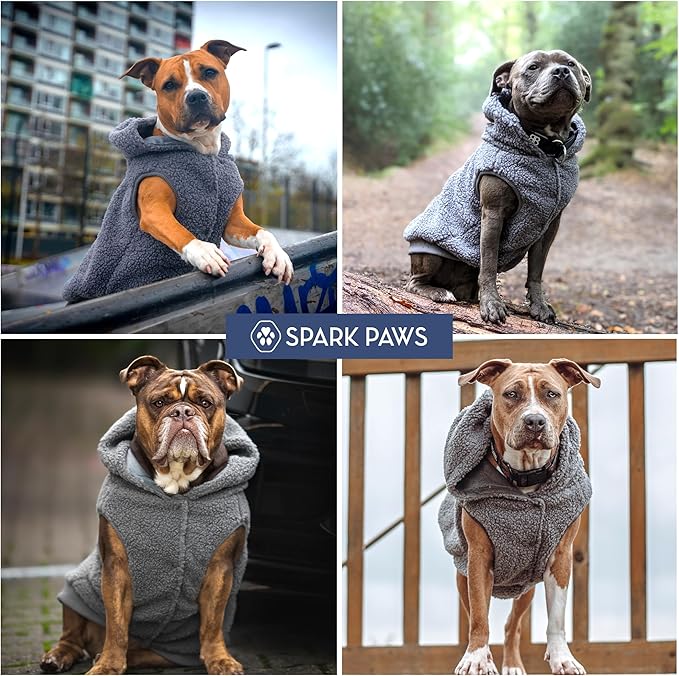 Spark Paws Teddy Dog Sweater, Sherpa Jacket Vest with Warm Fleece Lining, Winter Coat Suitable for Small Medium Large XL XXL Breeds - Grey - L