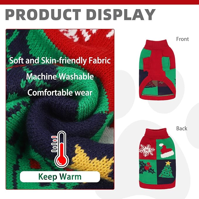 KOOLTAIL Christmas Sweater, Cold Weather Knitted Turtleneck Pullover for Dogs, Red Green Color Design Sweatshirt, Thick Warm Winter Clothes for Small Medium Large Dogs Boys Girls, XL