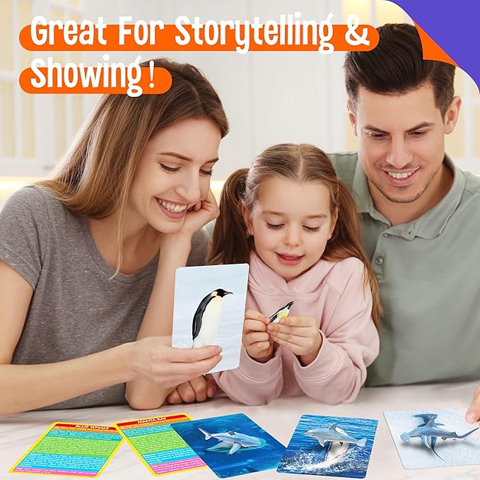 12 PCS Plastic Marine Animal Figurines with 12 Introduction Flashcards, Ocean Animals Learning Recognition Cards Realistic Undersea Animal Figures Educational Learning Toy Set for Kids, Classroom