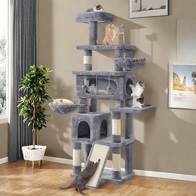 Cat Tree for Indoor Cats Large Adult, 76'' Tall Cat Tower with Scratching Post, Multi-Level Plush Cat Condo for Adult Cats, Cat Tree Tower with Hanging Balls/Wide Base/Cozy Basket and Hammock