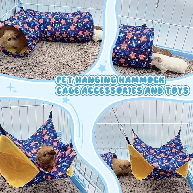 Guinea Pig Rat Tunnel Ferret Hammock, Small Animal Corner Tunnel & Tubes & Bed for Hedgehog Piggy Chinchilla Hideout Toys and Cage Accessories (3.Hammock&Tunnel)