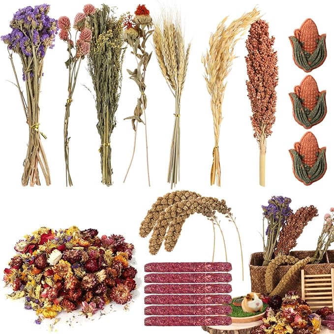 Homaisson Natural Herb Sprays Hamster Bedding, Grain Seed Dried Flowers Hamster Edible Grain Habitat for Dwarf Syrian Gerbils Guinea Pigs, 2