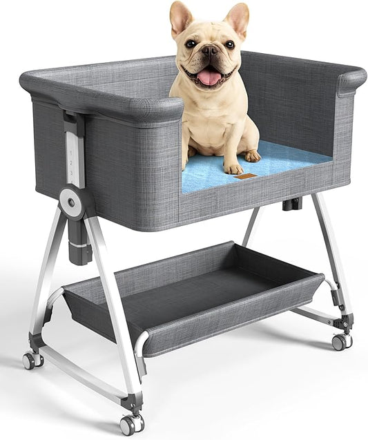 Bedside Dog Bed, 6-Height Adjustable Elevated Dog Bed for Small & Medium Puppy, Extension for Human Bed, Pet Bassinet with Removable & Washable Cover, Dogs Couch with Sides (30" L x 21" W)
