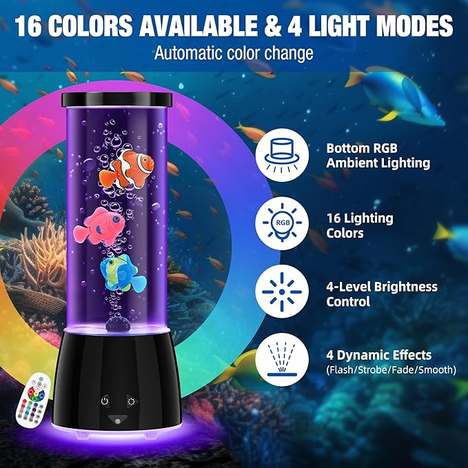 Bubble Fish Lamp, GuardWee 16 Colors Light & 4 Lighting Effects Fake Aquarium Sensory Lamp, Artificial Fake Fish Tank for Home Decor, Ideal Gift for Kids/Adults