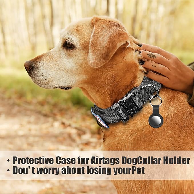 Tactical Military Collar - Adjustable Nylon, Heavy Duty Metal Buckle with Handle for Dog Training, with Patches (L, Black)