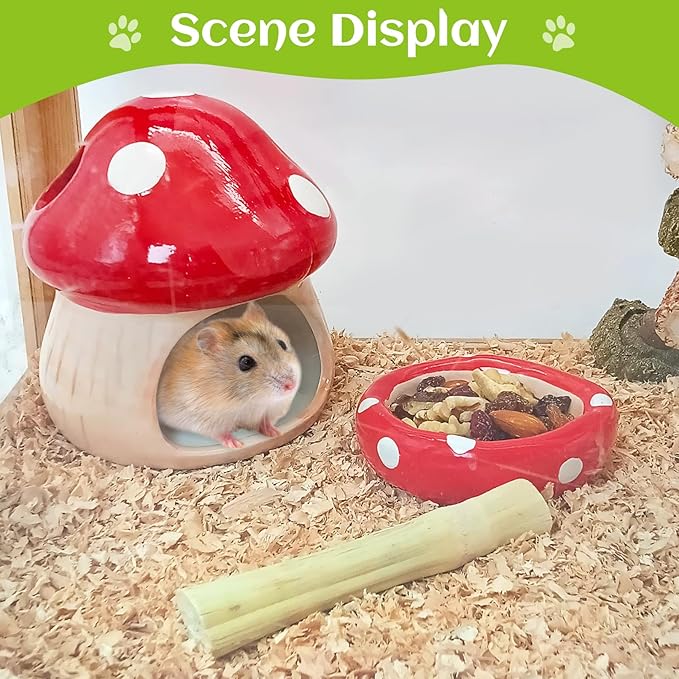 BNOSDM Ceramic Hamster Hideout Cute Mushroom Shape Hamster House and Habitat Cool Hamsters Hide Suitable for Syrian, Mice, Dwarf Hamsters, Gerbils (Red)