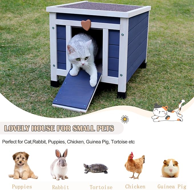 Deblue Outdoor Cat House with Self-Warming Mat, Weatherproof Cat House for Feral Cat, Cat Houses for Outdoor Cats (Blue House with Mat)