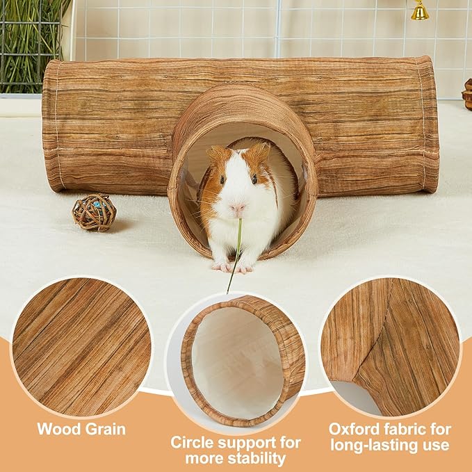 Bienbee Guinea Pig Tunnel, 3 Way Washable Guinea Pig Hideout,Foldable Rabbit Tunnel Guinea Pigs Toys for Bunny Hamster Chinchilla Ferret Rabbit Guinea Pigs Accessories Wood Grain