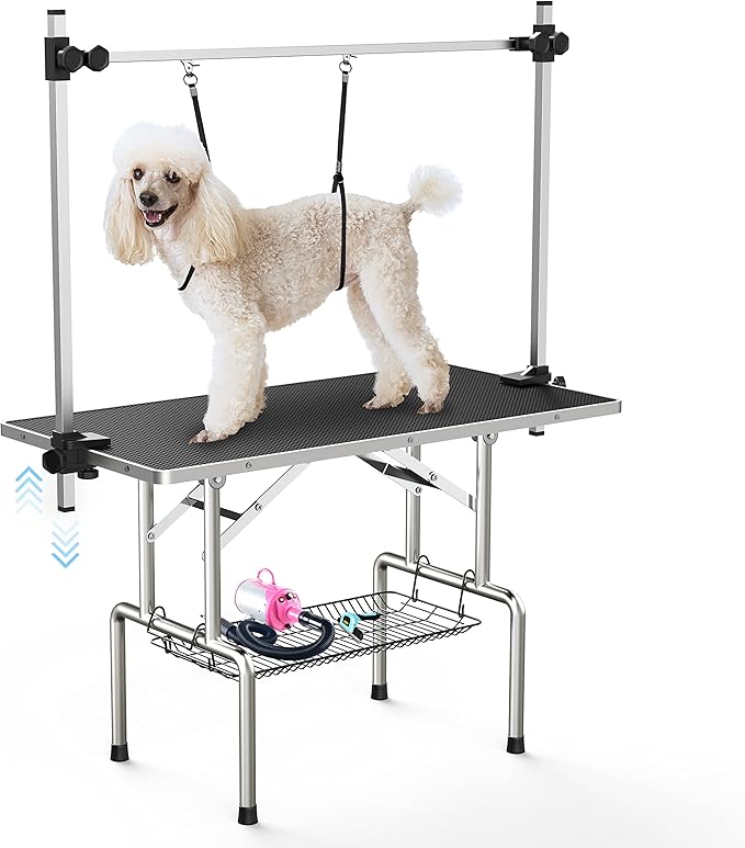 36''Large Dog Grooming Table, Adjustable Cat Drying Desktop with Arms, Nooses, Mesh Tray, Foldable Pet Station at Home, Maximum Capacity Up to 330Lb, 36inch, Black