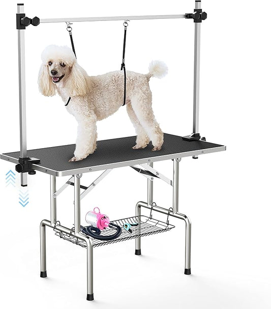 36''Large Dog Grooming Table, Adjustable Cat Drying Desktop with Arms, Nooses, Mesh Tray, Foldable Pet Station at Home, Maximum Capacity Up to 330Lb, 36inch, Black