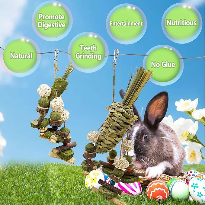 Rabbit Chew Toy, 2Pcs Bunny Cage Hanging Chew Toy & Treats,Natural Material Handwoven Chinchilla Treats Toys for Guinea Pig Hamster Rat and Other Small Pets Teeth Grinding