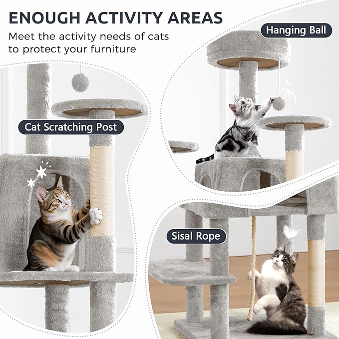 75.5" Cat Tree Tower for Indoor Cats Large Adult,Tall Modern Cat Tree for Big Cats, Plush Multi-Level Cat House Condos with Scratching Posts, Hammocks, Ladder (Light Grey)