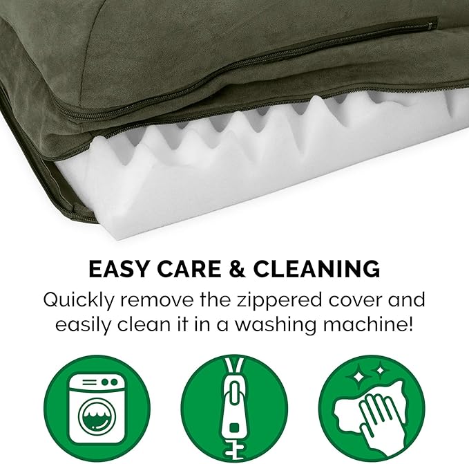 Furhaven Orthopedic Dog Bed for Large Dogs w/ Removable Bolsters & Washable Cover, For Dogs Up to 95 lbs - Two-Tone Plush Faux Fur & Suede L Shaped Chaise - Dark Sage, Jumbo/XL