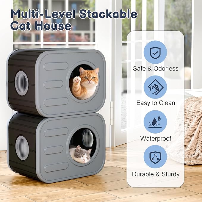 Outdoor Cat House, Outside Cat Shelter with Dual Ventilation Waterproof Resin Pet House for Indoor and Outdoor Use Shelter Pet Home for Cats Small Dogs, Blue