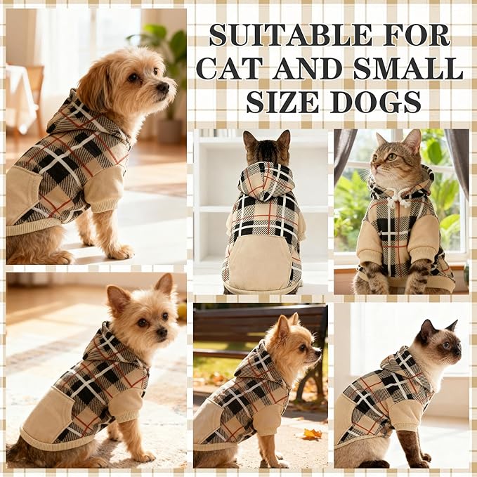 EXPAWLORER Plaid Cat Hoodie - British Style Warm Cat Sweater Shirt with Leash Hole,Pet Clothes Outfits,Winter Coat Apparel for Puppy Cats Girl Boy-Kitten Apparel,Beige M
