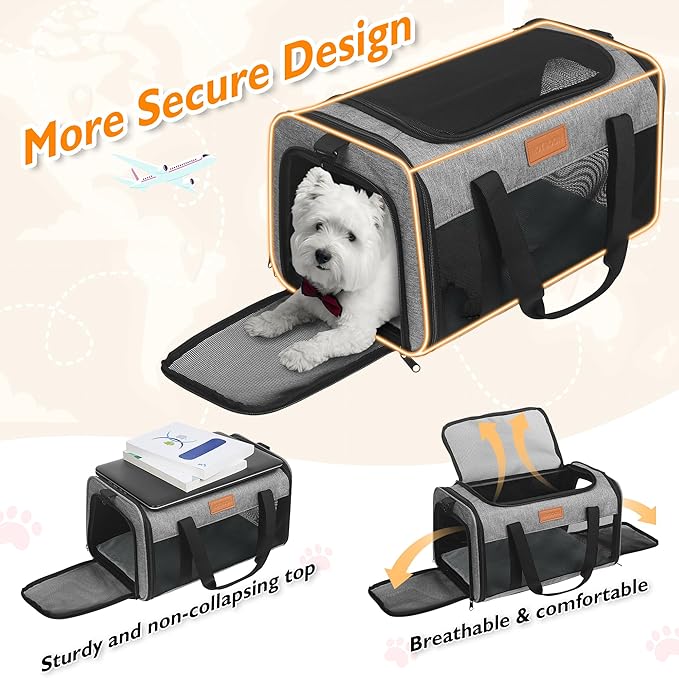 PETUX TSA Approved Pet Carrier in Cabin, 17"x11"x9.5" Cat Travel Carrier with Litter Box for Small Cats up to 12 lb, Portable Breathable Airline Approved Cat Carriers for Travel and Vet Visit, Grey