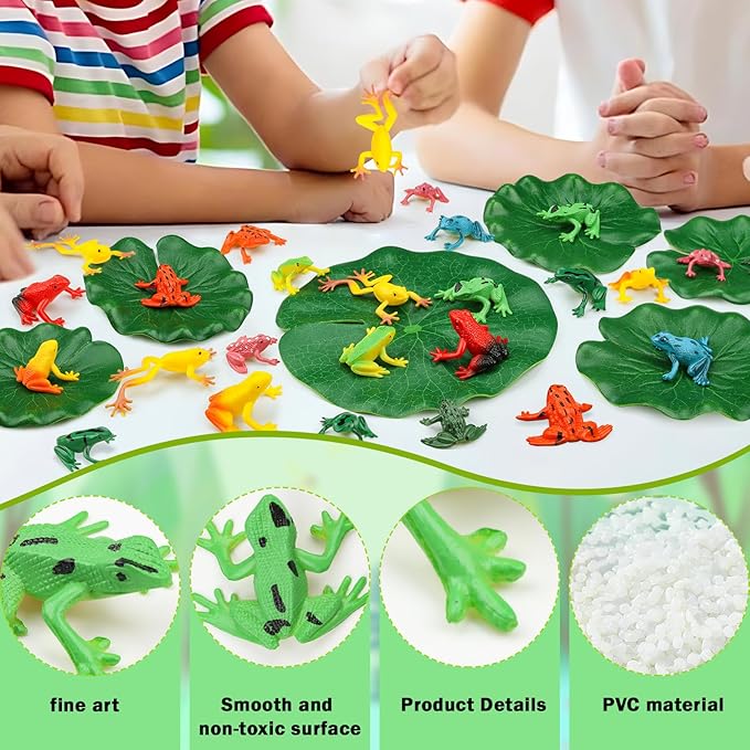 24 Pieces Mini Plastic Frog Toys and Artificial Lily Pads, Include Colorful Realistic Frogs Rainforest Animals Figures Character Toys and Floating Foam Leaves for Pool Decor Party Favor