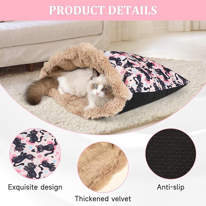 Cat Bed Cave Sleeping Bag, Soft Plush Cats Sack, Cat Beds for Indoor Cats, Self-Warming Cozy Pet Nest Mat 23.6" x 22"