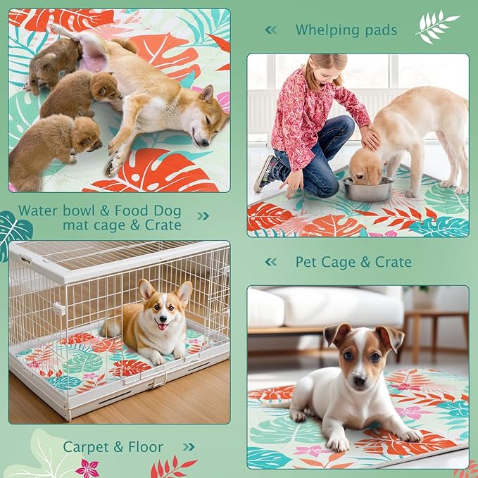 BVAGSS Washable Pee Pads for Dogs, 1 Pack Reusable Leakproof Puppy Wee Wee Pad, Non-Slip Waterproof Pet Training Pads, Super Absorbent Whelping Pads XH081 (Green Palm Leaves, 48X48 Inch (Pack of 1))