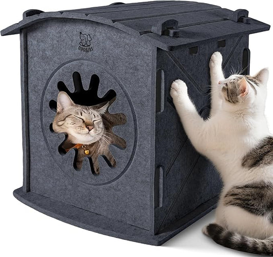 Apasiri Cat Houses for Indoor Cats Felt Cat House Cave Cathouse, 15x14x15Inch Scratch-Resistant Bed Warm Insulated Covered, Hideaway Tent for Anxiety Relief Gift, Grey
