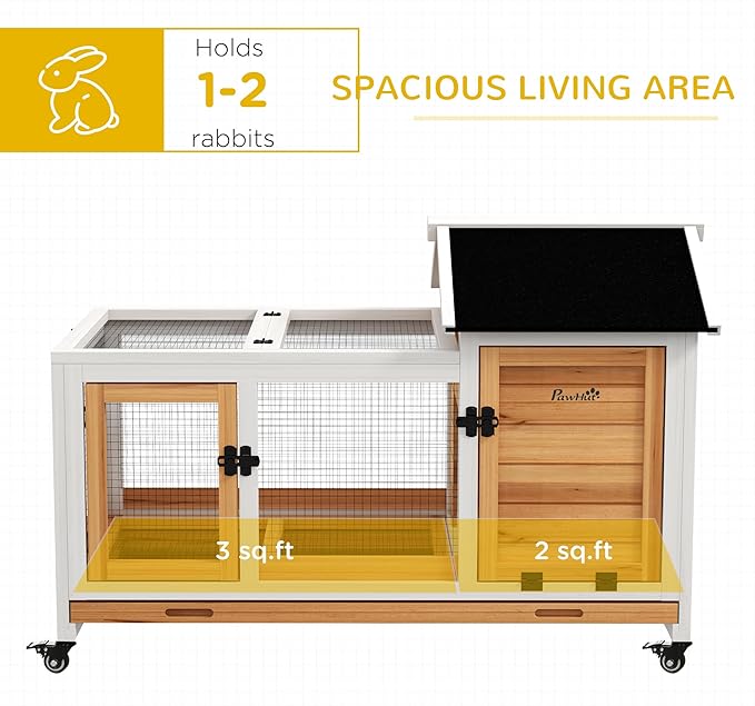 PawHut Indoor Outdoor Wooden Rabbit Hutch with Wheels, Large Bunny Hutch with Run & Slide-Out Tray for Small Animals, Guinea Pig, Yellow