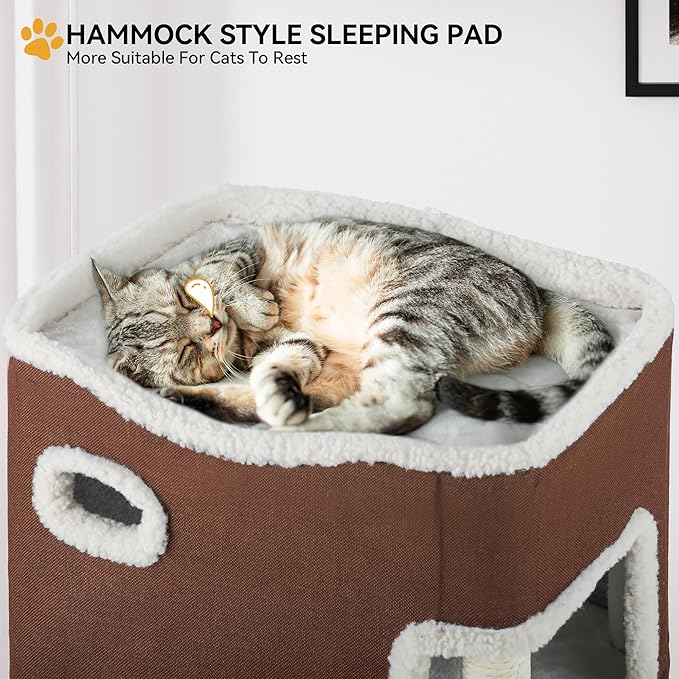 YITAHOME 2-Tier Cat House, Cat Beds for Indoor Cats, Small Cat Condo with Highway Cave, Scratch & Itching Post, Clmibing Stand, Modern Cat Cube Playhouse for Multi Kittens, Brown