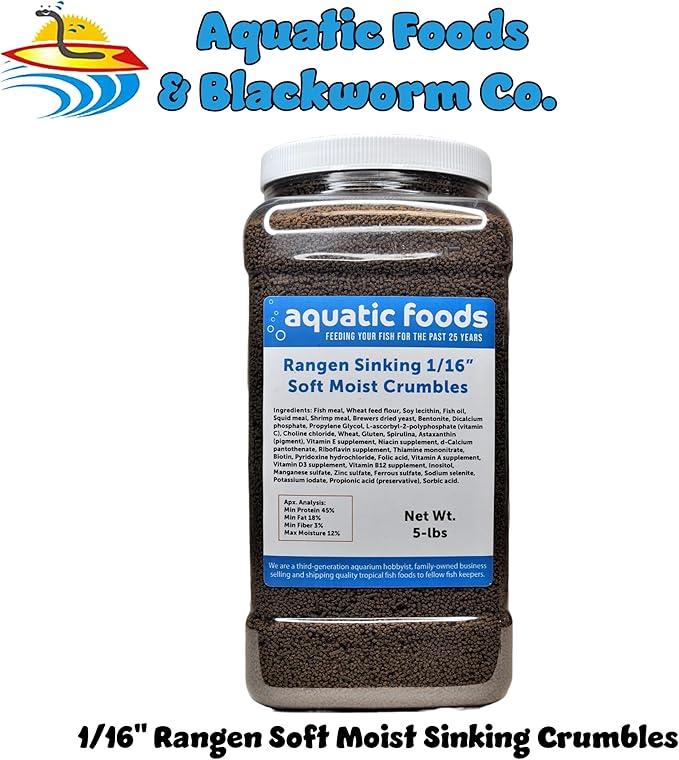 Aquatic Foods Inc. 1/16" Soft Moist Sinking Salmon Crumbles for Baby Axolotls, Shrimp, Snails, Crabs, Small Amphibians, Bottom Tropical Fish...5-lb Lg Jar
