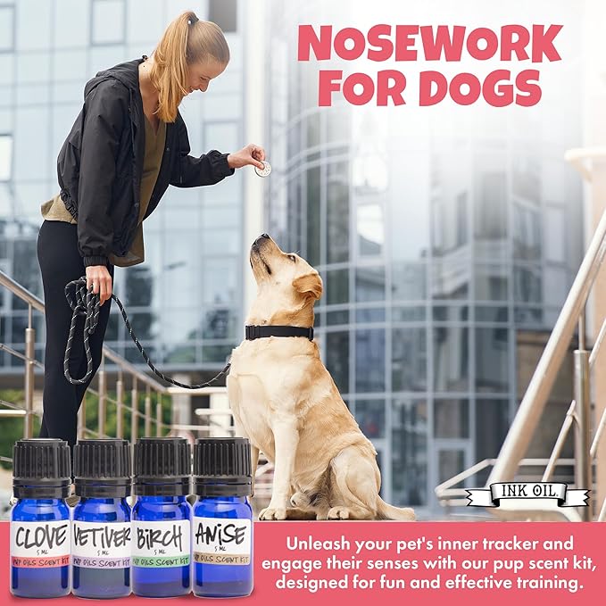 Ink Oil - Pup Scent Work Starter Kit I Dog Scent Training Kit I Complete Nose Scentwork - Anise, Birch, Clove & Vetiver Flavour I Portable Small Aid Kit for Pet Home Trainer - Pure Essential Oils Sets