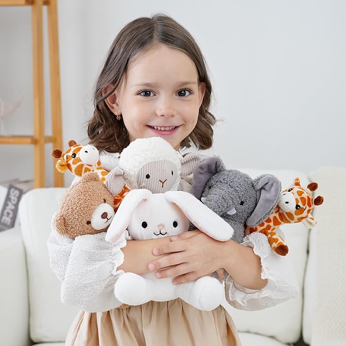 6 Pcs Stuffed Animals Bulk, 8 Inch Jungle Animals Stuffed Toys, Zoo Stuffed Animals Set, Small Stuffed Safari Animals, Lion Sheep Elephants Bear Giraffe Bunny for Party Animal Themed