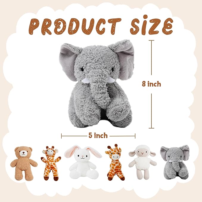 6 Pcs Stuffed Animals Bulk, 8 Inch Jungle Animals Stuffed Toys, Zoo Stuffed Animals Set, Small Stuffed Safari Animals, Lion Sheep Elephants Bear Giraffe Bunny for Party Animal Themed