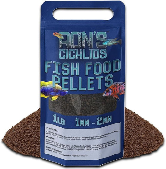 RON'S CICHLIDS African Cichlid Fish Food, Premium Tropical Fish Food Pellets with Protein, Veggies & Fruits for Healthier, Brighter & Bigger Tropical Fish & Cleaner Tanks, Juvie Blend, 1 LB