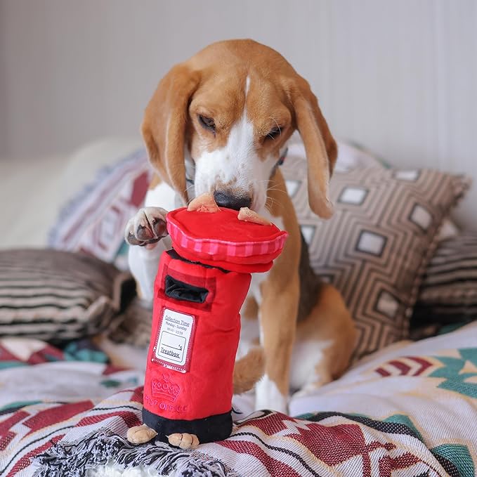 British Postbox Treat-Dispensing Soft Plush Squeaky Pet Toy - Iconic UK Enrichment Gift, Durable Cute & Fun Toy for Interactive Play, Hide Food for Nose-Work Puzzle, Small Medium Dogs