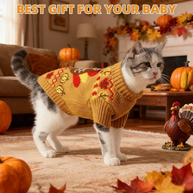 KOOLTAIL Cat Sweater Turtleneck- Soft Knit Cat Thanksgiving Sweaters for Cats Only, Turkey Pattern Thick Warm Cold Weather Pet Clothes Outfit for Small Medium Large Size Kitten Puppy Brown S