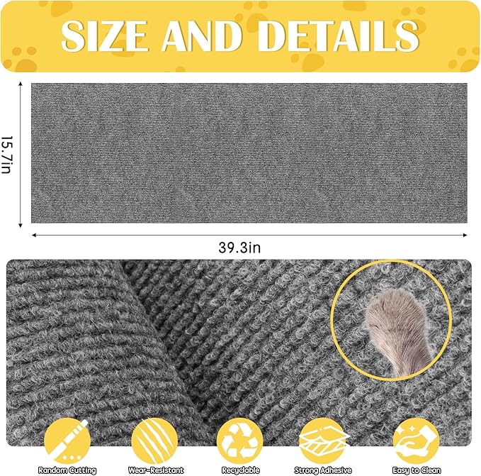 Self-Adhesive Cat Scratch Mat Trimmable Cat Scratching Post Carpet 39in Durable Carpet Mat Pad Replacement for Cat Tree Shelves Post Couch, Furniture, Walls & Doors DIY Cat Climbing Mat (Light Gray)