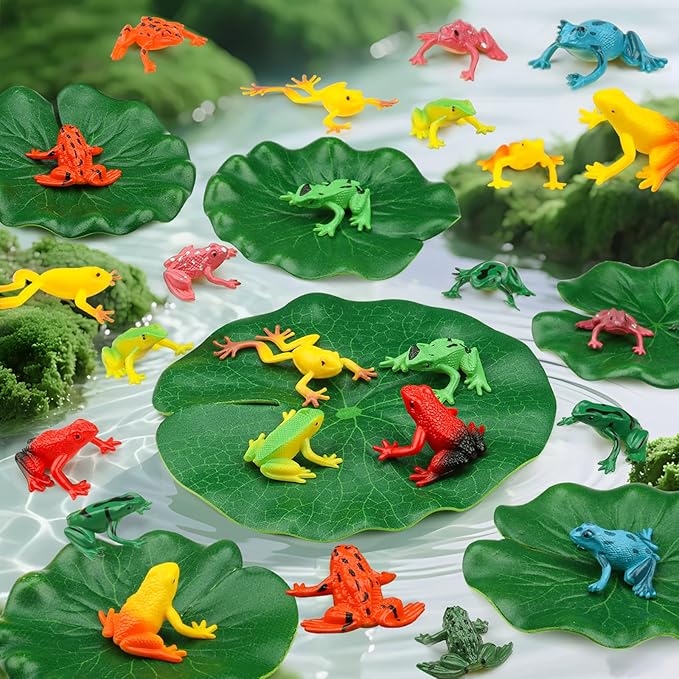 24 Pieces Mini Plastic Frog Toys and Artificial Lily Pads, Include Colorful Realistic Frogs Rainforest Animals Figures Character Toys and Floating Foam Leaves for Pool Decor Party Favor