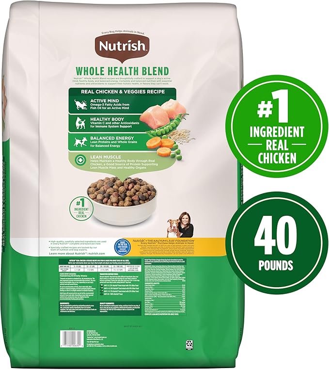 Nutrish Dry Dog Food, Real Chicken & Veggies Recipe Whole Health Blend for Adult Dogs, 40 lb. Bag, Packaging May Vary (Formerly Rachael Ray)