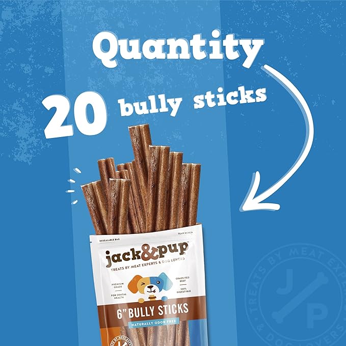 Jack&Pup 6-inch Bully Sticks for Large Dogs (20 Pack) All Natural Thick Bully Stick for Dogs | Singe Ingredient Long Lasting Pizzle Sticks