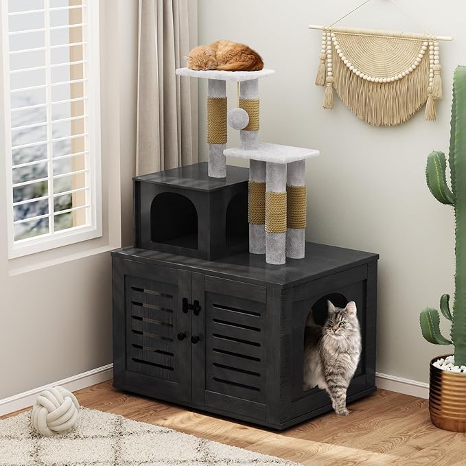DKLGG Large Wooden Cat Tree House with Hidden Litter Box Enclosure | Multi-Functional Cat Furniture Featuring Sisal Scratching Post, Plush Perch Platform & Divided Condo for Indoor Cats (Black)