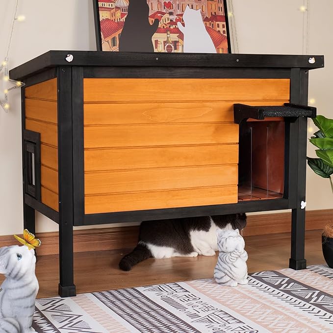 Outdoor Insulated Cat House for Stray Cats Weatherproof Shelter with Openable Asphalt Roof and Escape Door