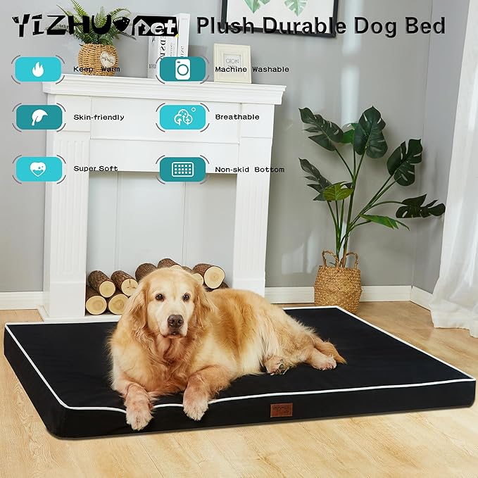 Dog Bed Mats for Large Big Dogs - Orthopedic Dog Pet Bed Thick Egg Foam Crate, Removable Washable Cover, Non-Slip Bottom Durable Dog Crate Bed Mat (Black, XXL(47''x29''x4''))