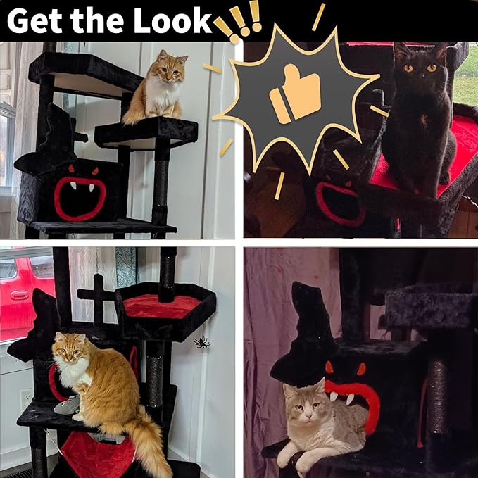 YITAHOME Gothic Cat Tree with Coffin Bed, 63" Tall Cat Tower for Indoor Cats with Top Perch, Spacious Cat Condos, Spider Hanging Balls,Comfy Hammock, Scratching Post and Ladder, Black Halloween