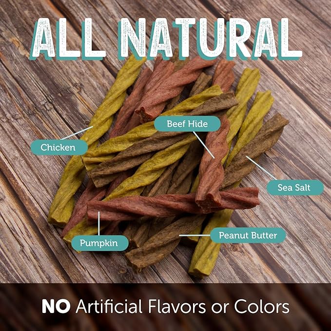 Dental Chews Twisted Sticks | for Large and Extra Large Dogs | USA Sourced Beef-Hide | Natural Scrubbing Action Fights Plaque and Tartar Refreshing Your Dog's Breath (4 Sticks, Chicken)