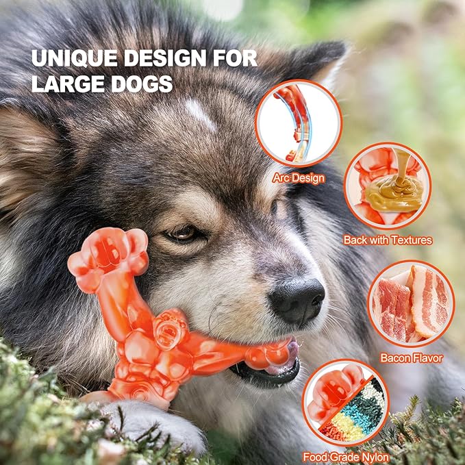 WinTour Indestructible Dog Toys for Large Dogs Aggressive Chewers, Tough Dog Toys for Aggressive Chewers Large Breed, Durable, Heavy Duty Chew Bone, Bacon Flavor