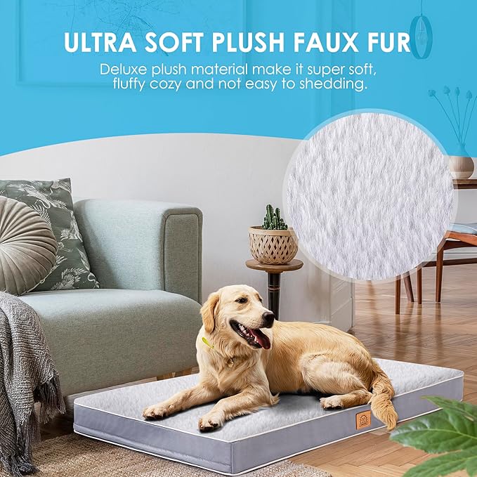 Sunheir Orthopedic Dog Bed for Extra Large Dogs, Jumbo Waterproof Deluxe Plush Dog Crate Bed with Removable Washable Cover & Anti-Slip Bottom, Egg Crate Foam Pet Bed Mat, 47.5 x 29 Inches, Silver Grey