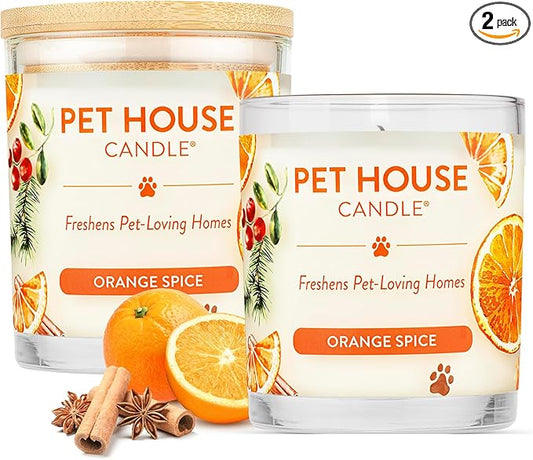 One Fur All Pet House Fall Candles, Long Lasting, Clean Burning, Soy Wax Scented Candles for Pet Odor, Orange Spice, 2 Pack