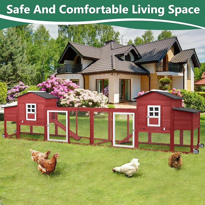 158" L Large Chicken Coop with Run, Chicken House with Nesting Boxes, Wheels, Outdoor Mobile Hen Chicken Coop Poultry Cage with Removable Tray, Ramp (Red)